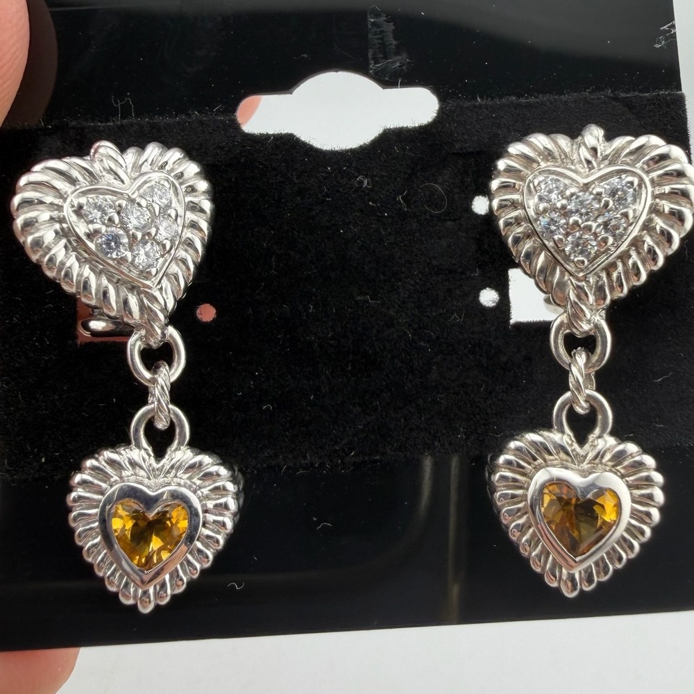 Judith Ripka 925 Silver Heart Drop CZ Citrine Omega Back Earrings